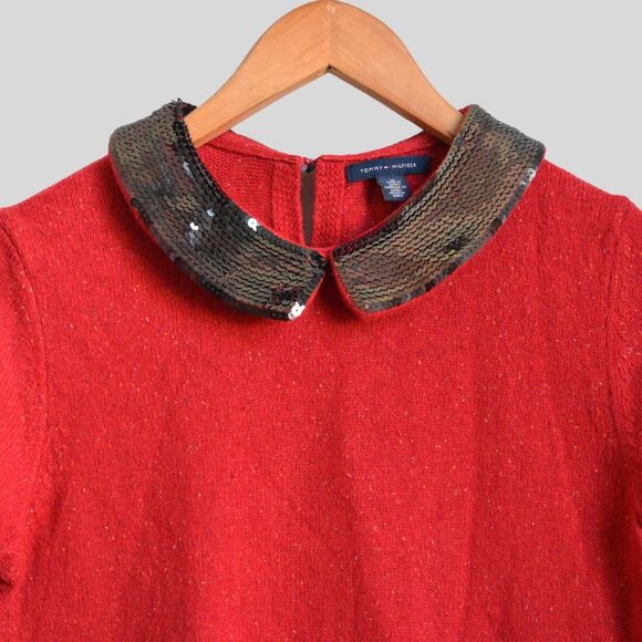 TOMMY HILFIGER Women's Sequin Collar Red Sweater Size M - Picture 3 of 8